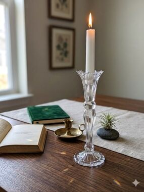 Crystal Glass Taper Clear Candle Holder - 10" Tulip Flower Shape.